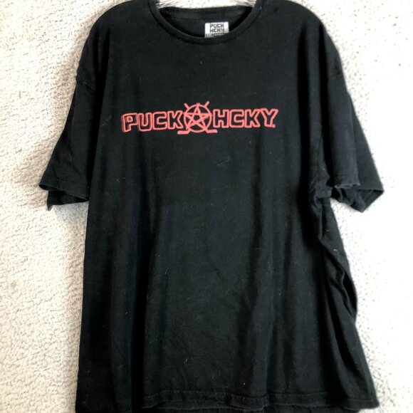 PUCK HCKY HOCKEY T-SHIRT BLACK 2XL Pentagram Goth Numetal Hardcore Cyber Punk - Picture 1 of 4